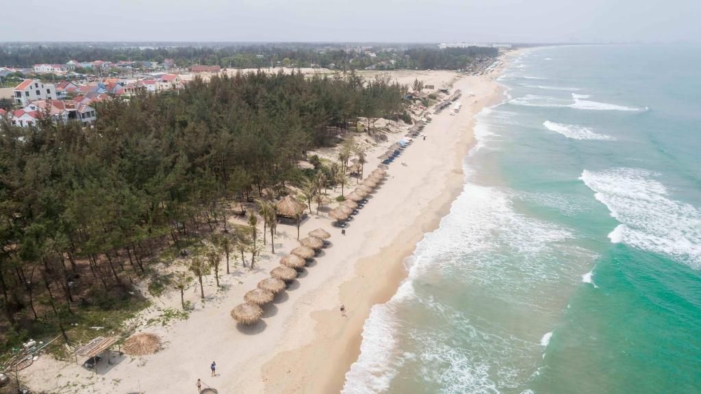 Aerial view of An Bang beach near Hoi An showing thatched beach shelters, casuarina pines, and turquoise water