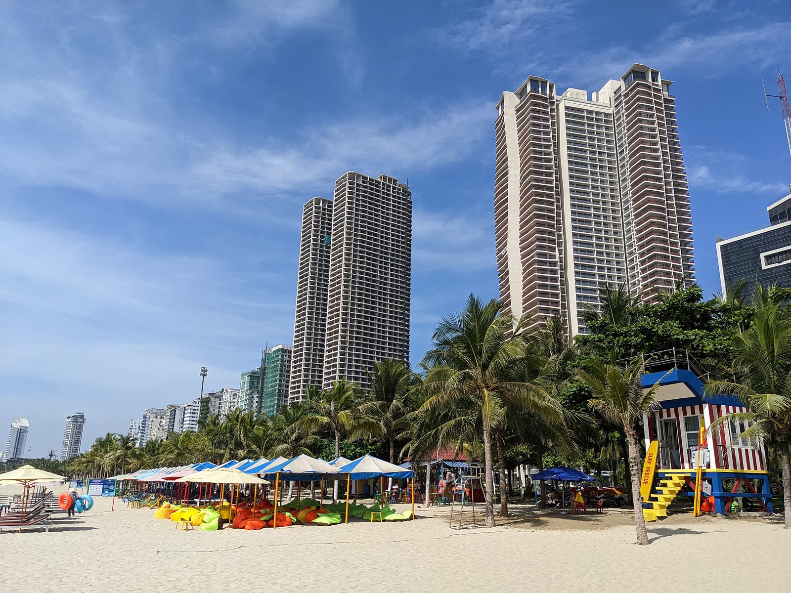 Hotel towers along the north end of My Khe Beach, with the sand in front
