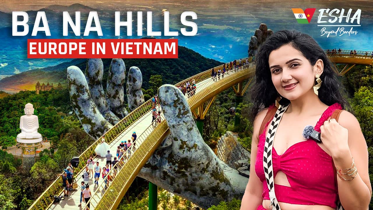 The Golden Bridge at Ba Na Hills, a curved gold walkway held by giant stone hands in the mist